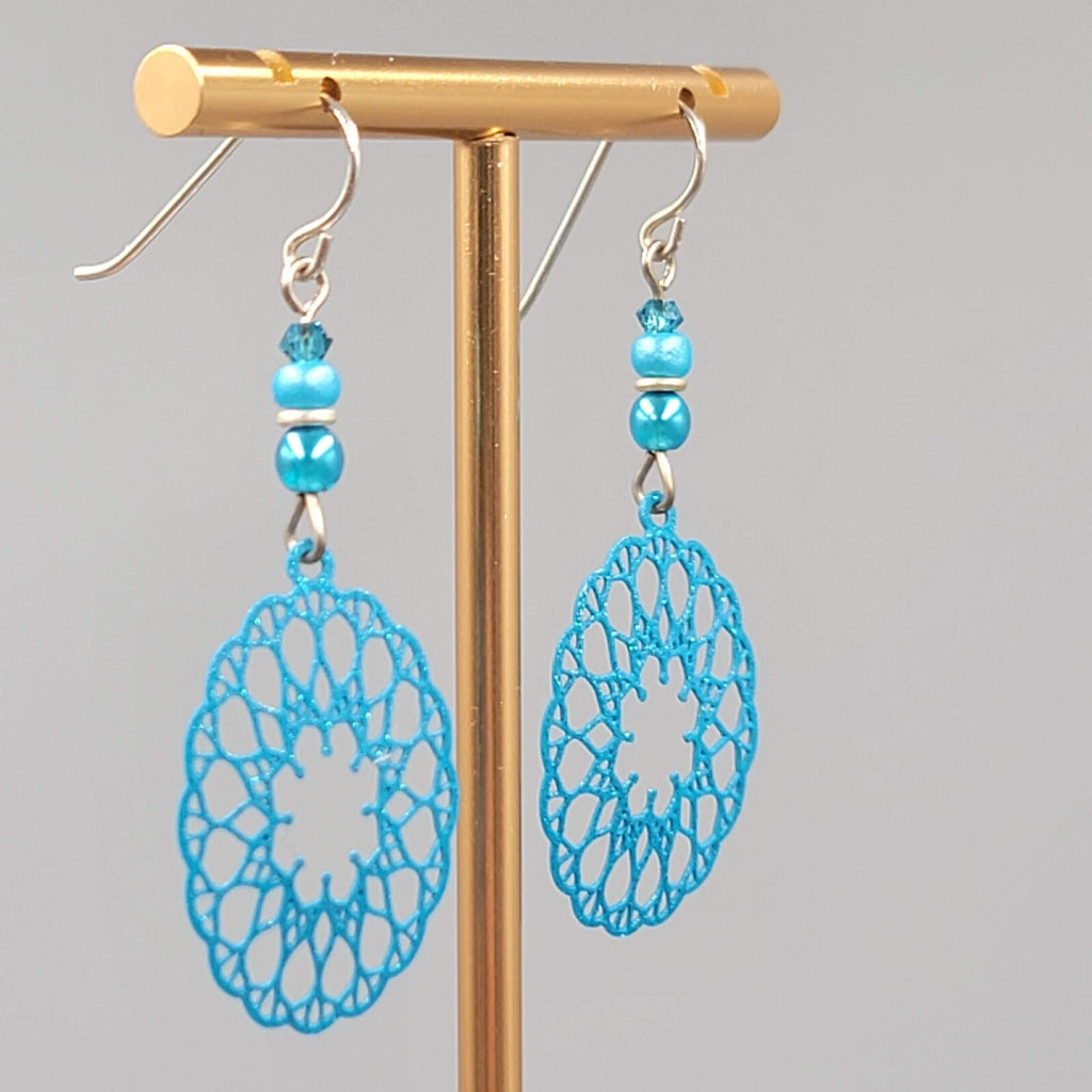 Blue Laser Cut Metal Open Work Pierced Earrings Bead Silver tone Dangle 1.75"