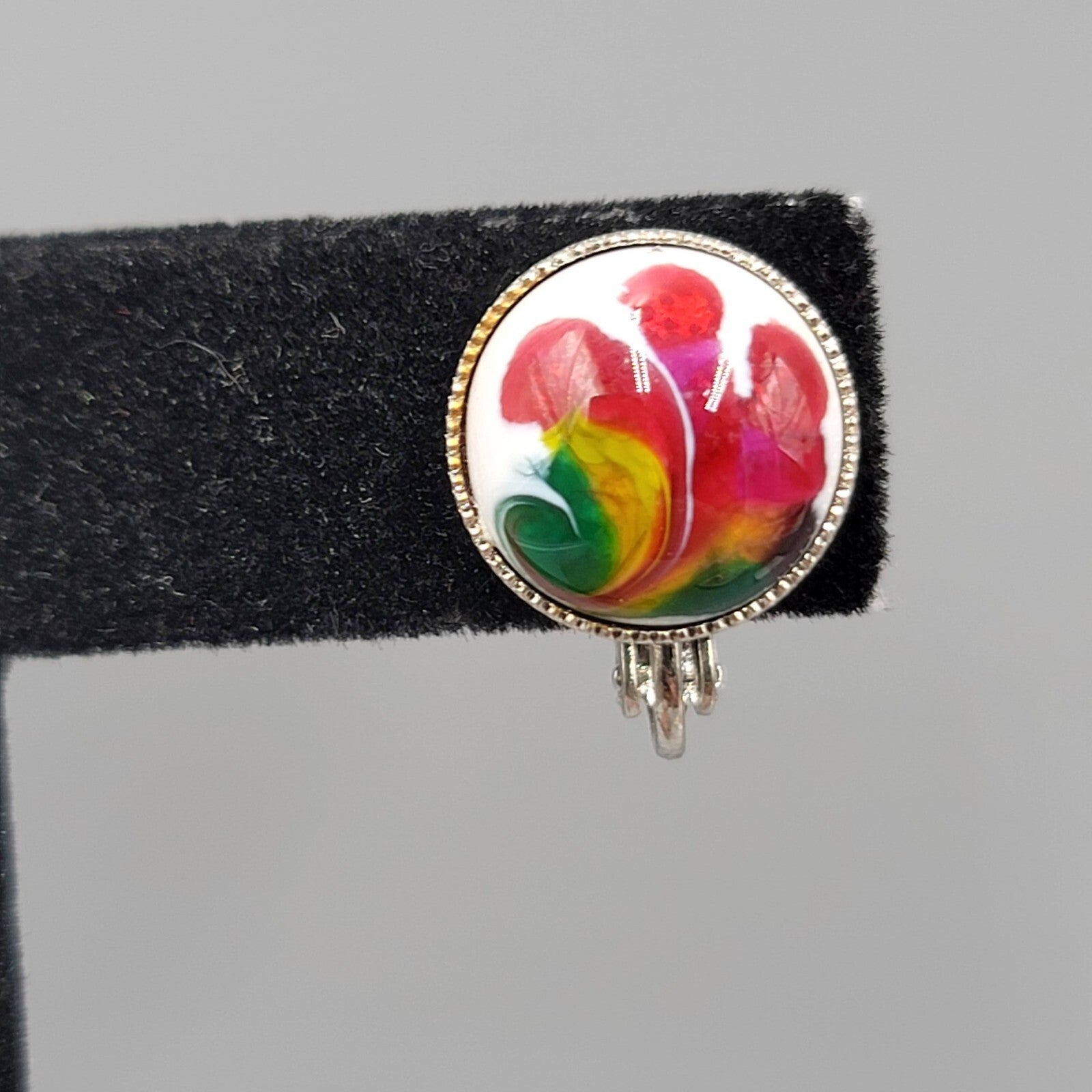 Vintage Clip on Earrings Silver tone Multicolor Glass Cabochon Round Studs 1/2"