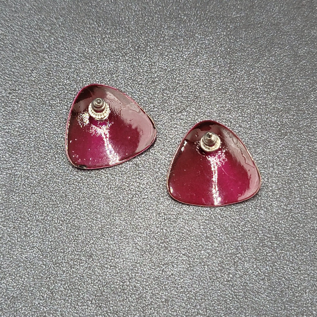 Vintage Pierced Earrings Burgundy Red Black Enamel over Metal Triangle Drop 3/4"