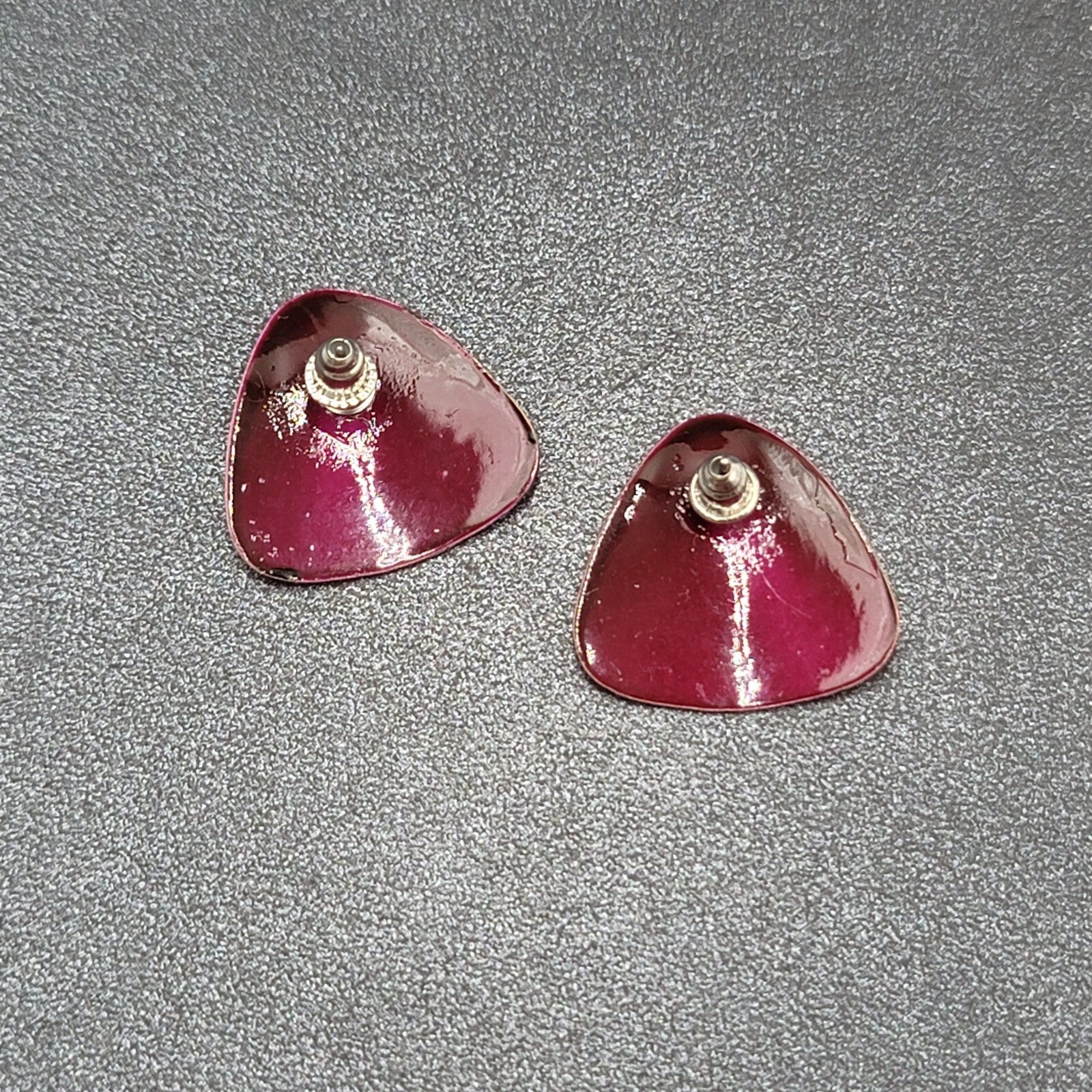 Vintage Pierced Earrings Burgundy Red Black Enamel over Metal Triangle Drop 3/4"
