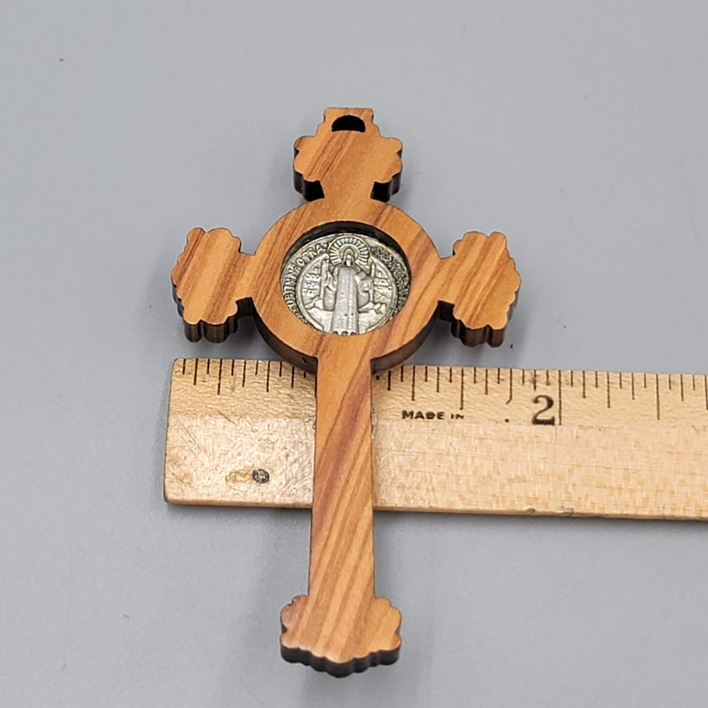 St Benedict Painted Olive Wood Crucifix 3 in Pectoral Cross