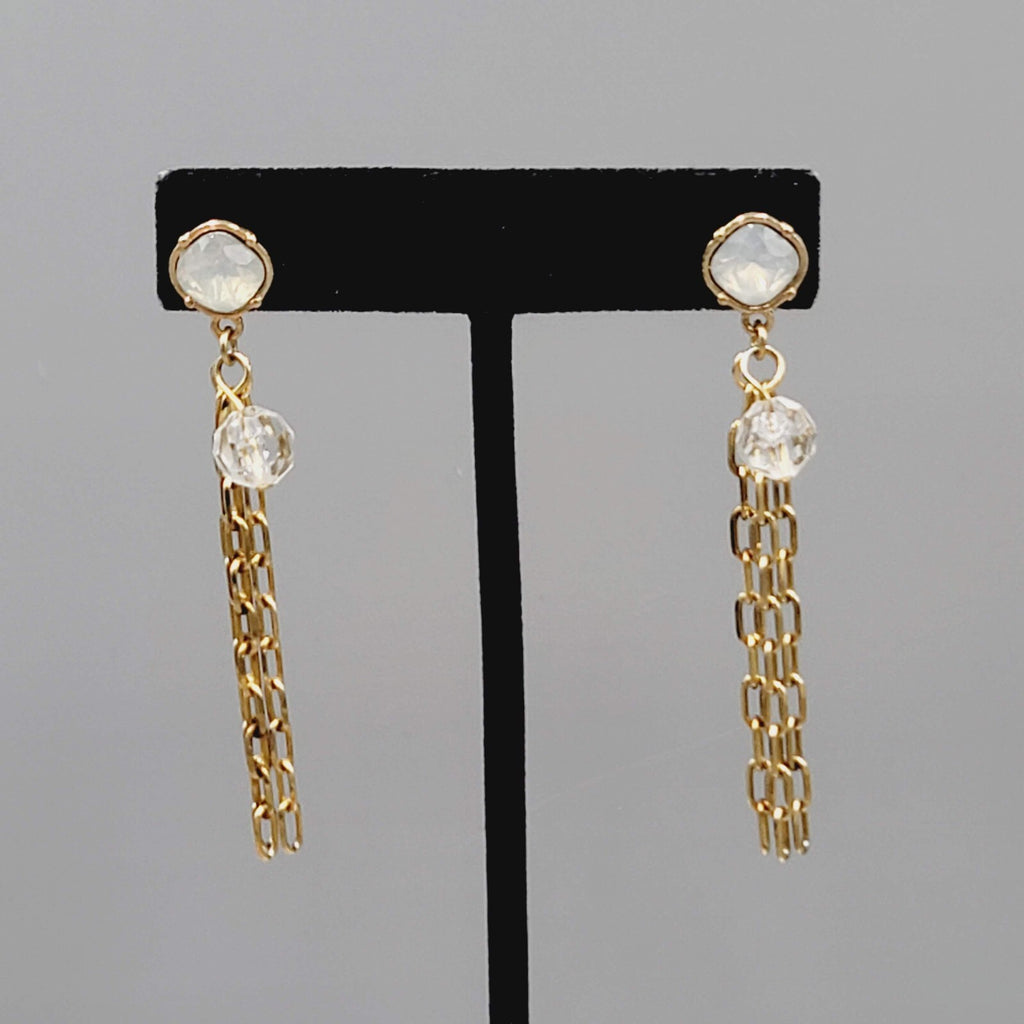 Gold tone Dangle Chains Pierced Earrings Translucent Rhinestone 2.5"