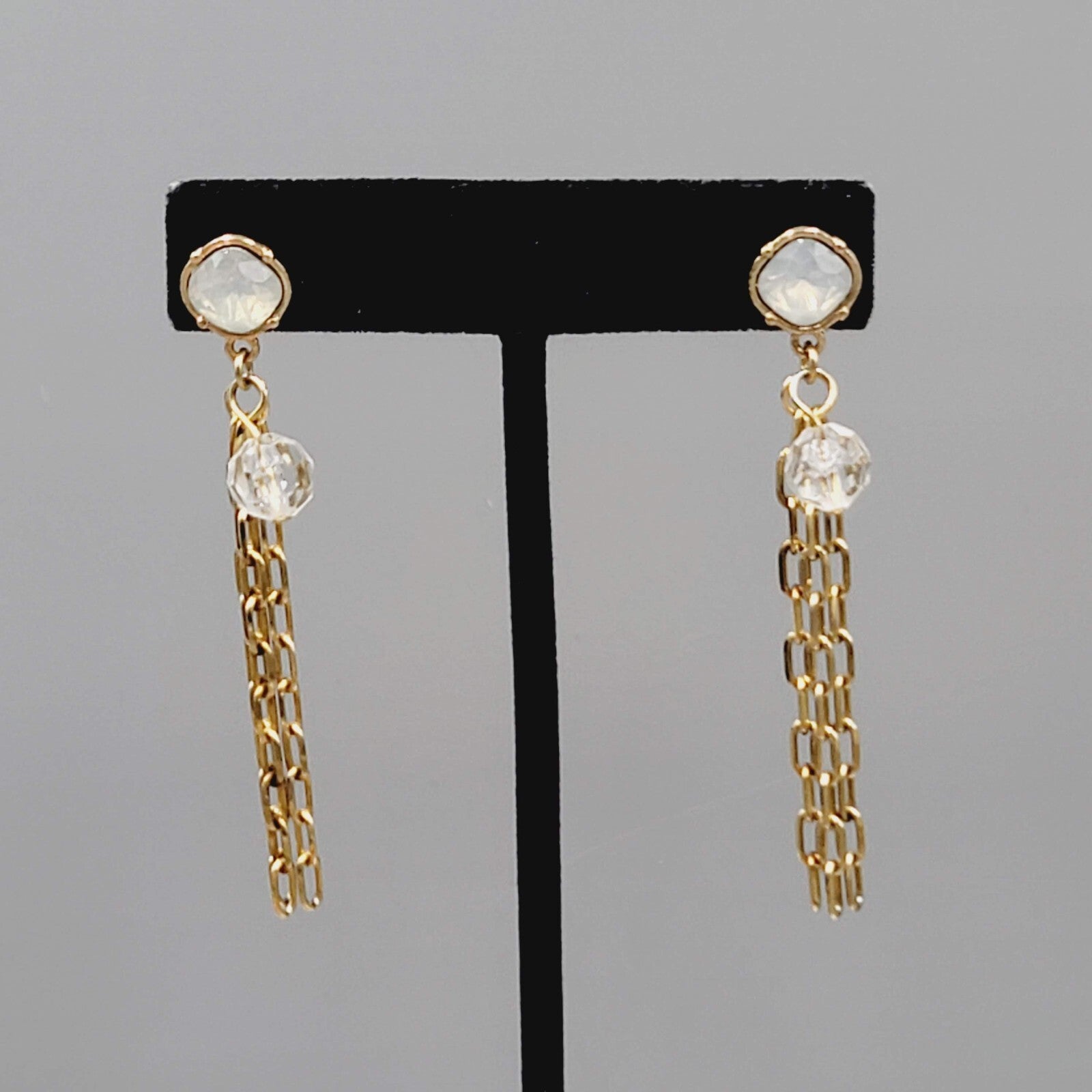 Gold tone Dangle Chains Pierced Earrings Translucent Rhinestone 2.5"