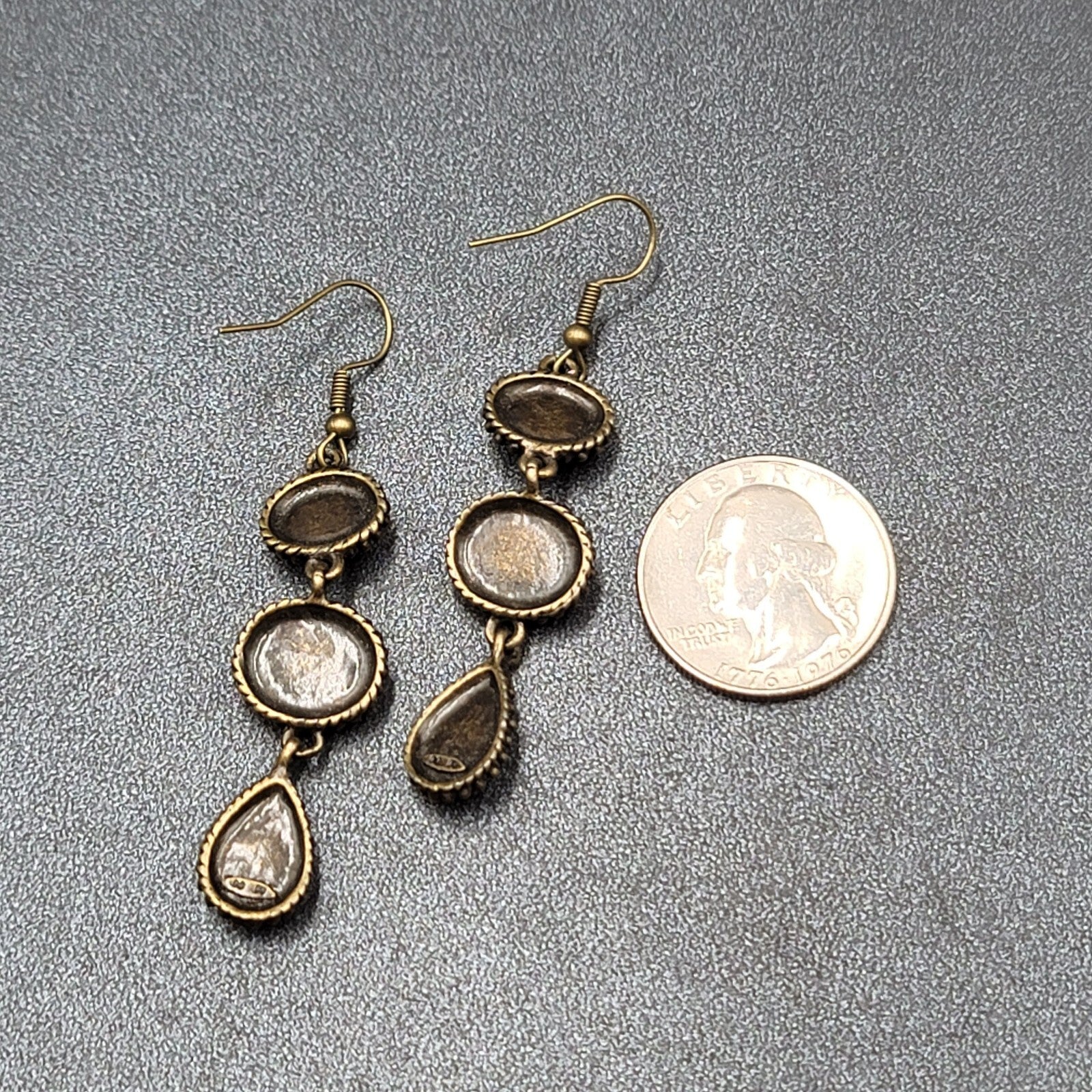 Pierced Earrings Bronze tone Dark Red Light Blue Dangle 2"