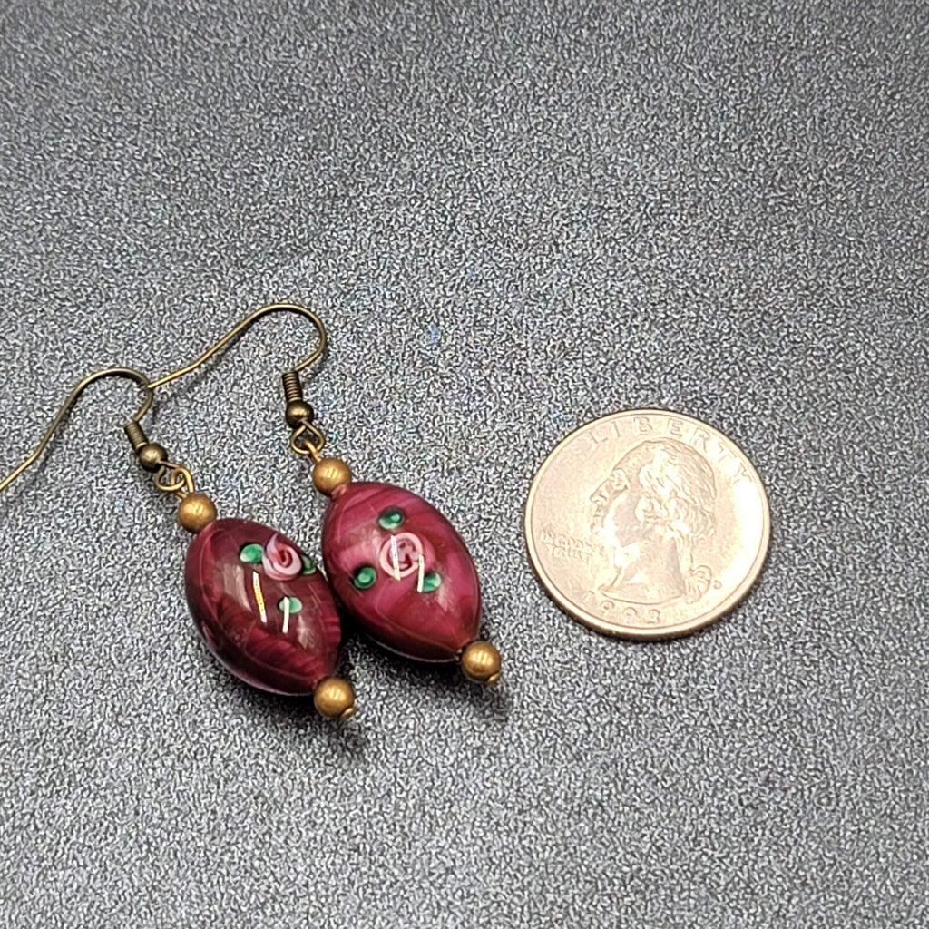 Art Glass Bead Pierced Earrings Bronze tone Pink Flower Dangle 1.25"