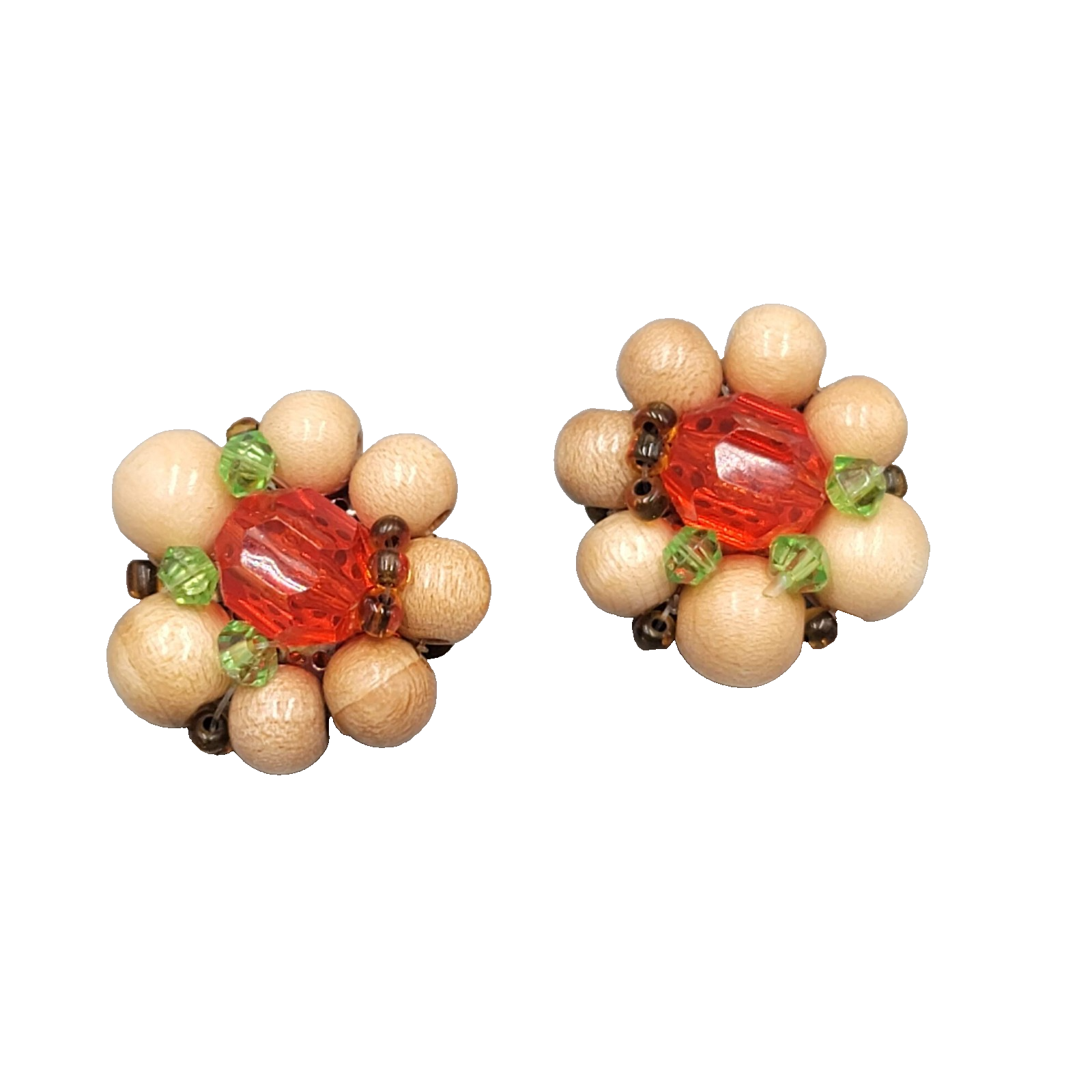 Vintage Flower Wood Cluster Bead Clip on Earrings Orange Green 1 1/8 in