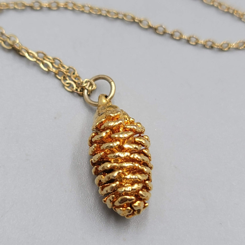 Vintage Gold Plated Pine Cone Pendant Necklace Estate Costume Jewelry 18"