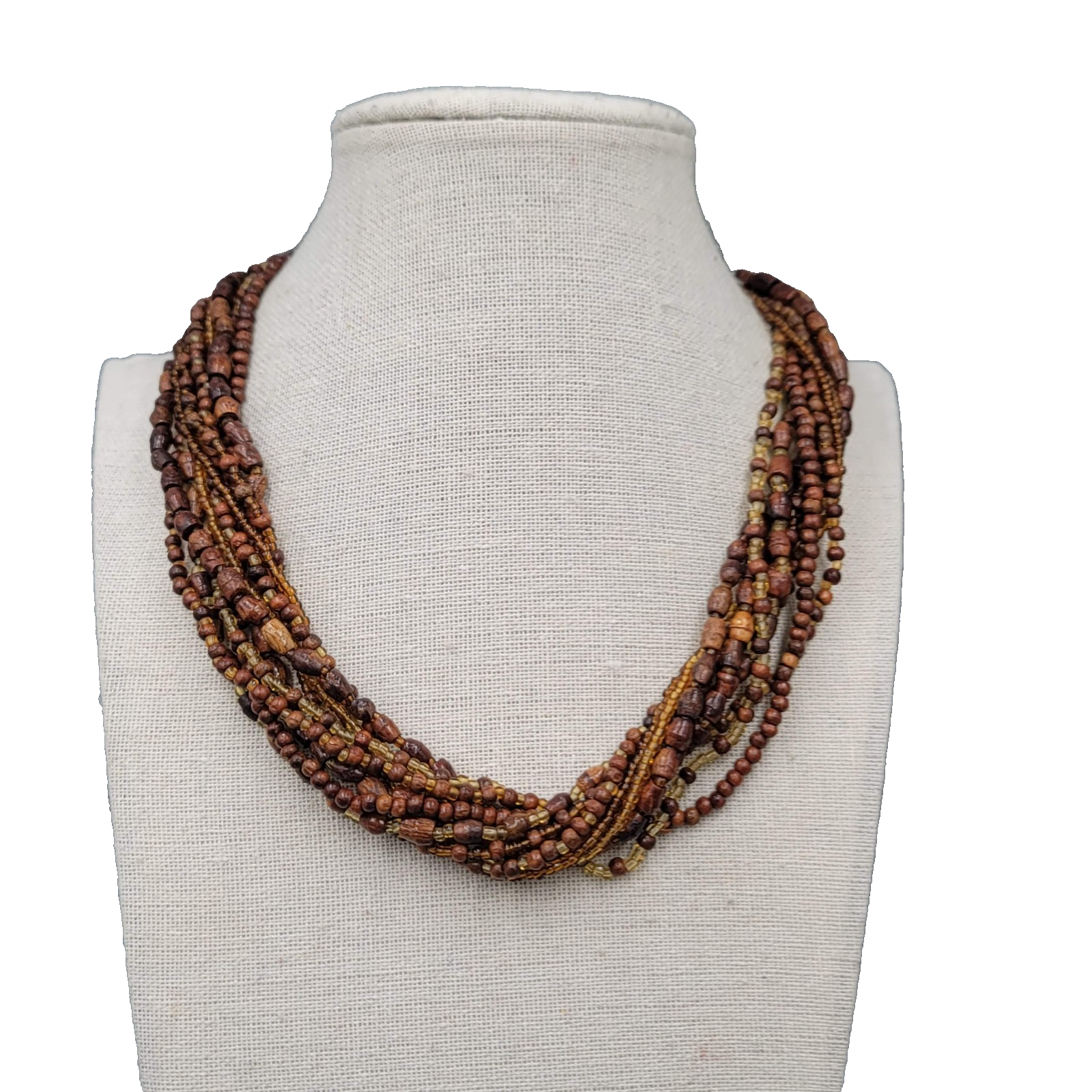Multistrand Brown Wood Bead Twist Necklace 16"-18"