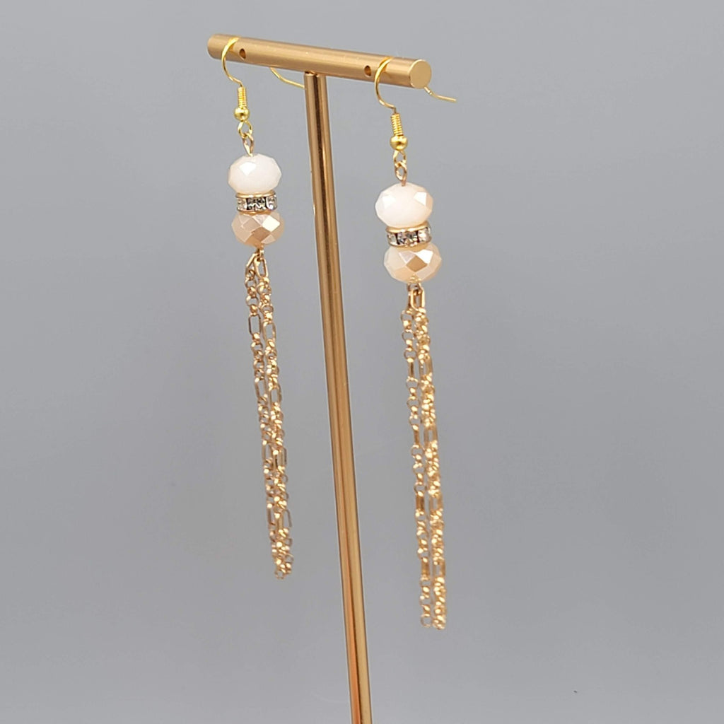Gold tone Dangle Chains Pierced Earrings Ombre Faceted Glass Beads 3"