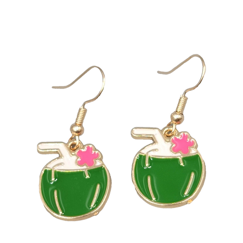 Enamel Green Coconut Cocktail Pierced Earrings Gold tone Dangle 7/8"
