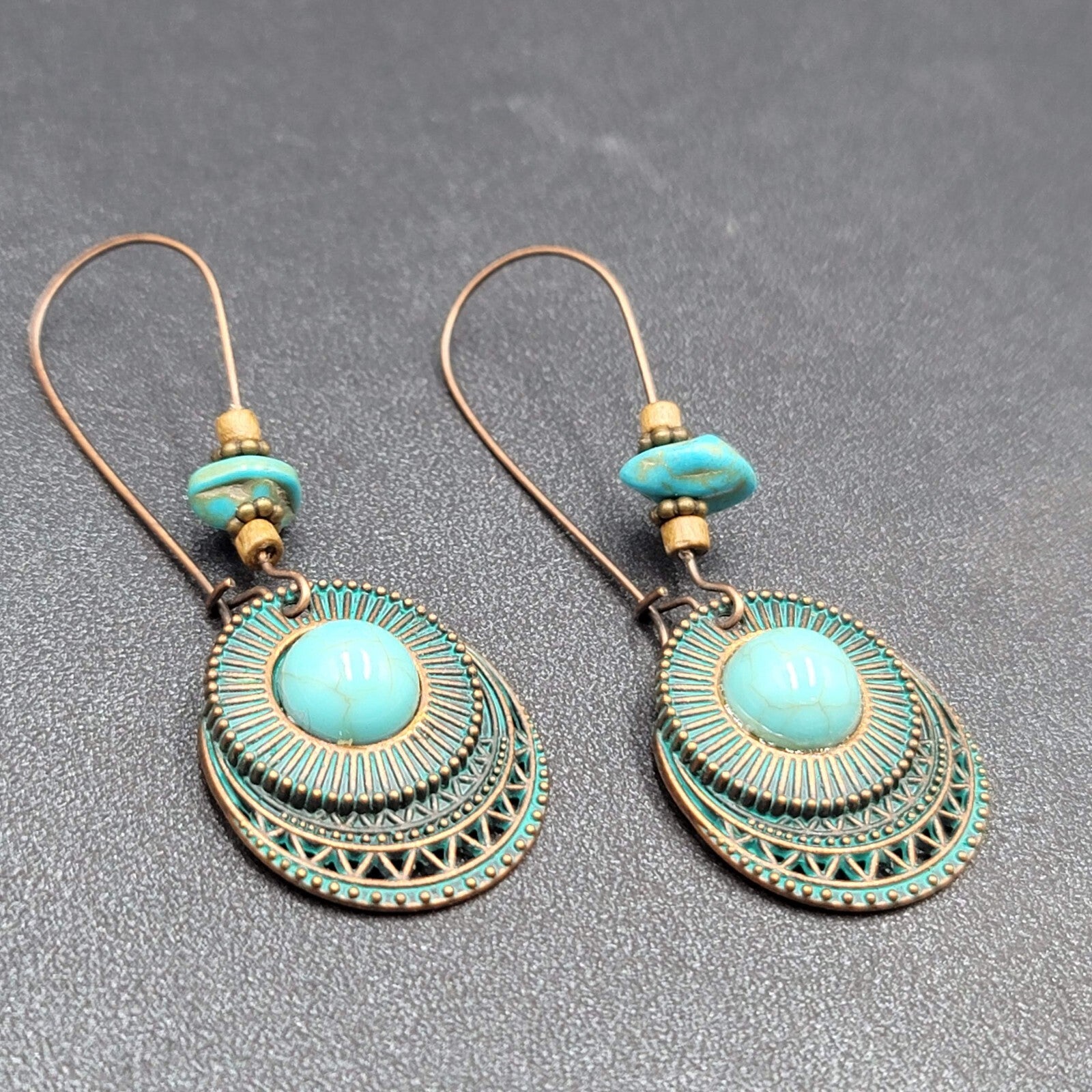 New Boho Pierced Earrings Faux Green Patina Copper tone Turquoise Bead 2.5"
