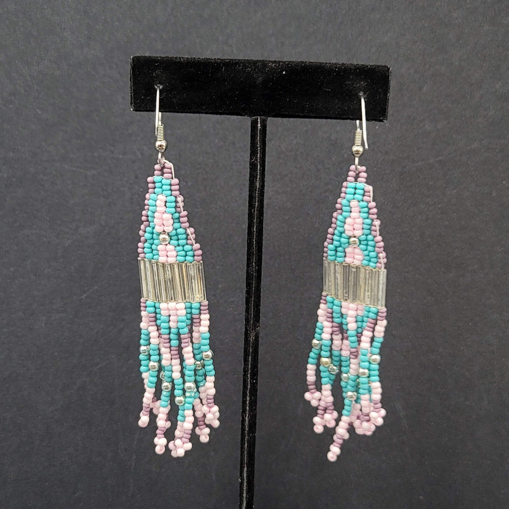 Pierced Earrings Blue Pink Purple Seed Bead Weaved 3 3/8"