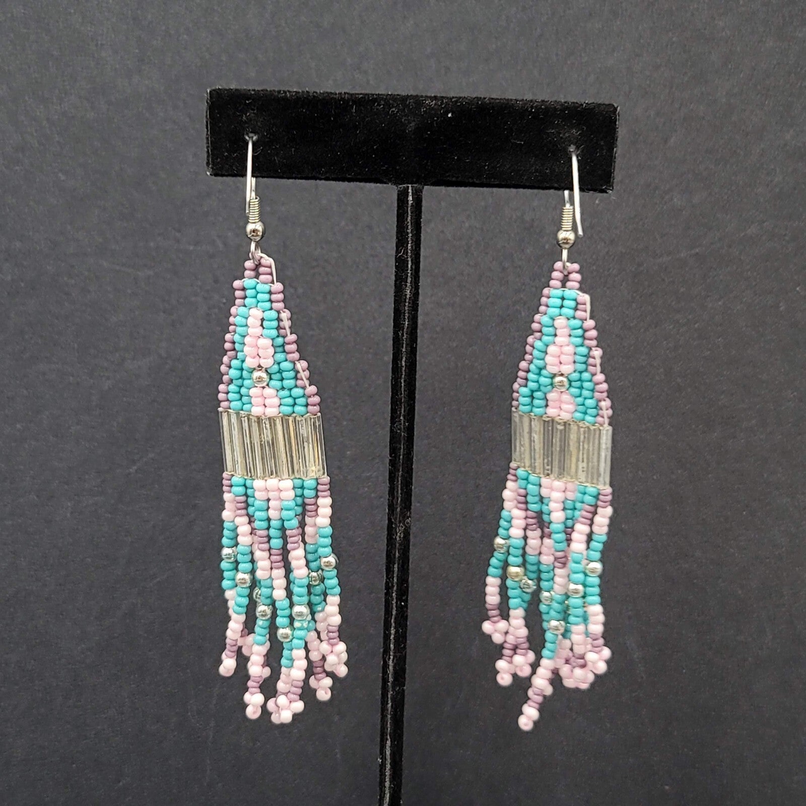 Pierced Earrings Blue Pink Purple Seed Bead Weaved 3 3/8"