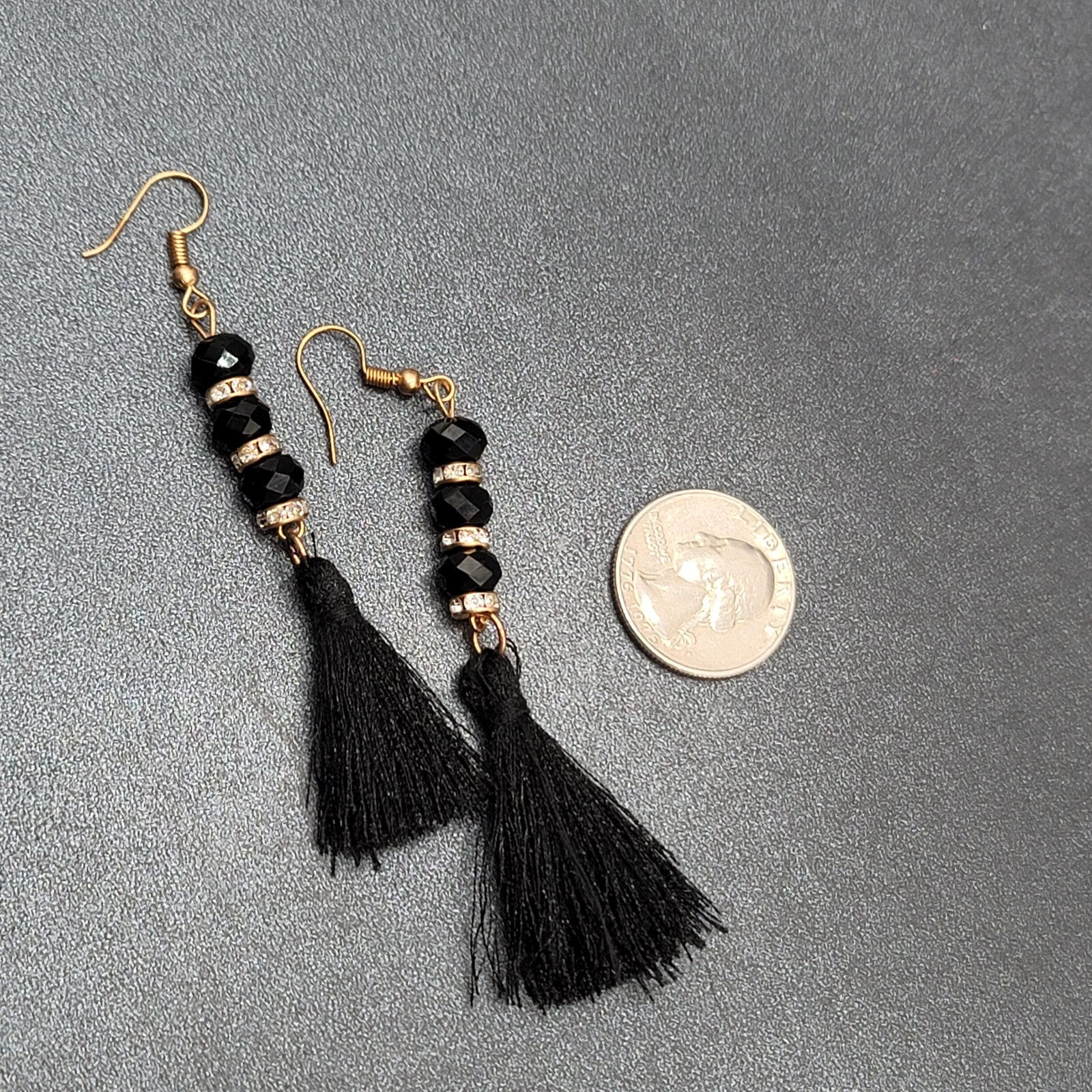 Black Tassel Pierced Earrings Gold tone Rhinestone Beads 3"