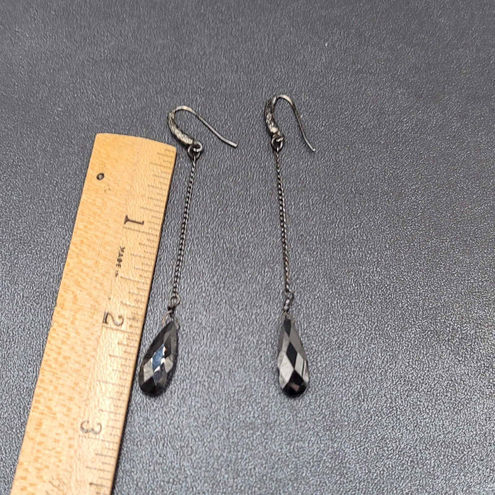 Pierced Earrings Gun Metal Black Glass Faceted Teardrop Bead Dangle Chain 2.5"