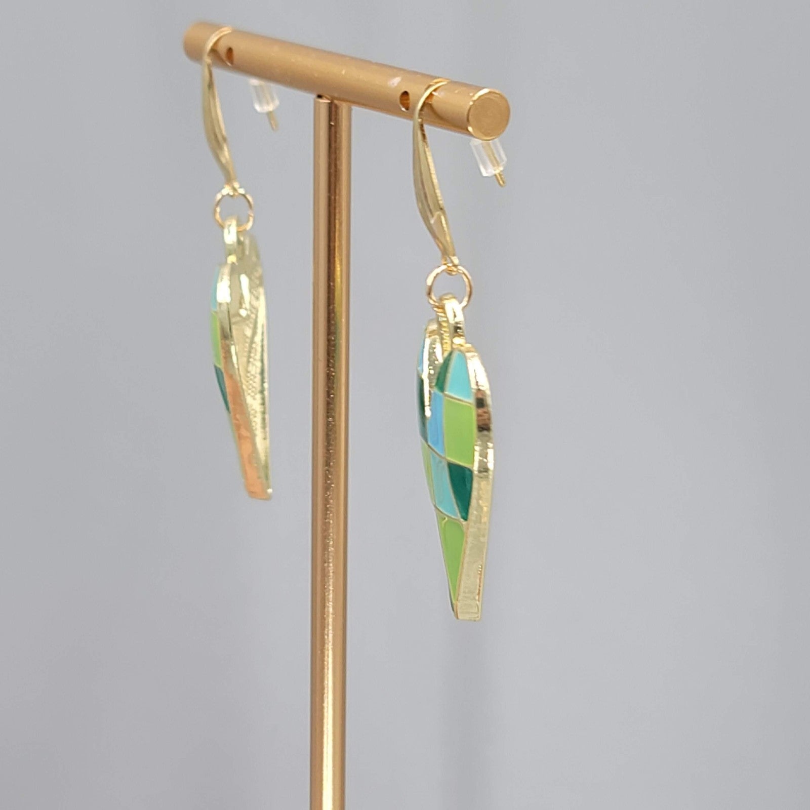 Green Enamel Checkered Heart Pierced Earrings Gold tone Dangle Large 1.5"
