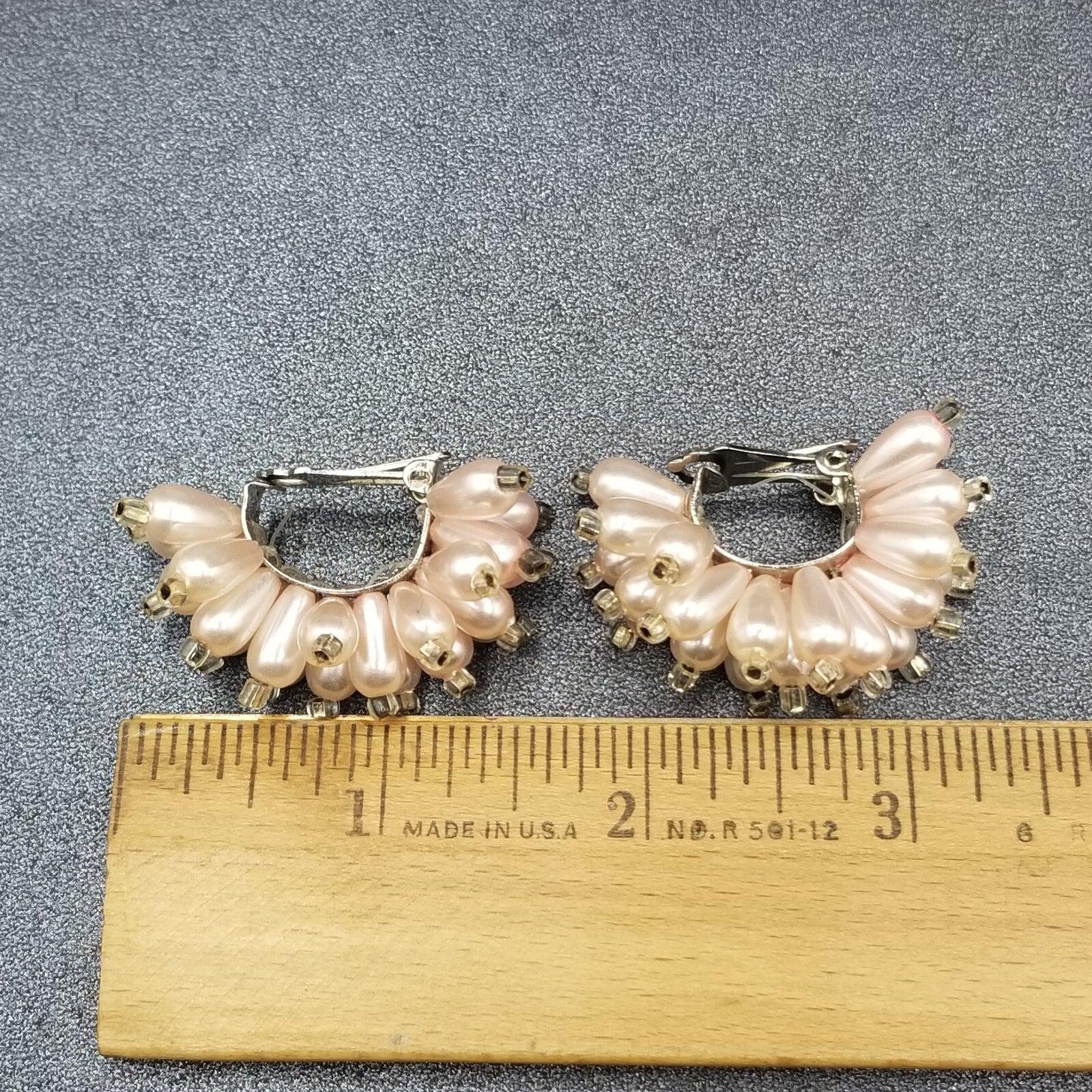 Vintage Clip on Earrings Pink Bead Large Statement Half Hoop Drop 1 1/2"