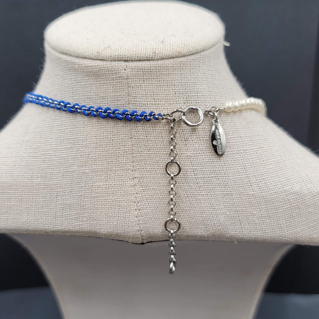Ann Taylor Necklace Silver tone Chain Rhinestone Imitation Pearls Royal Blue 22"