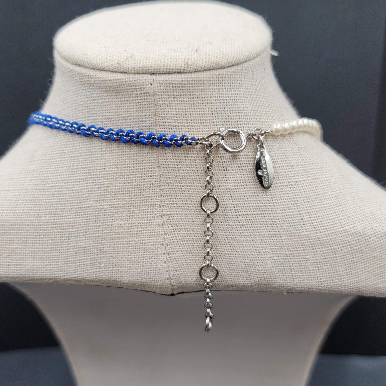 Ann Taylor Necklace Silver tone Chain Rhinestone Imitation Pearls Royal Blue 22"
