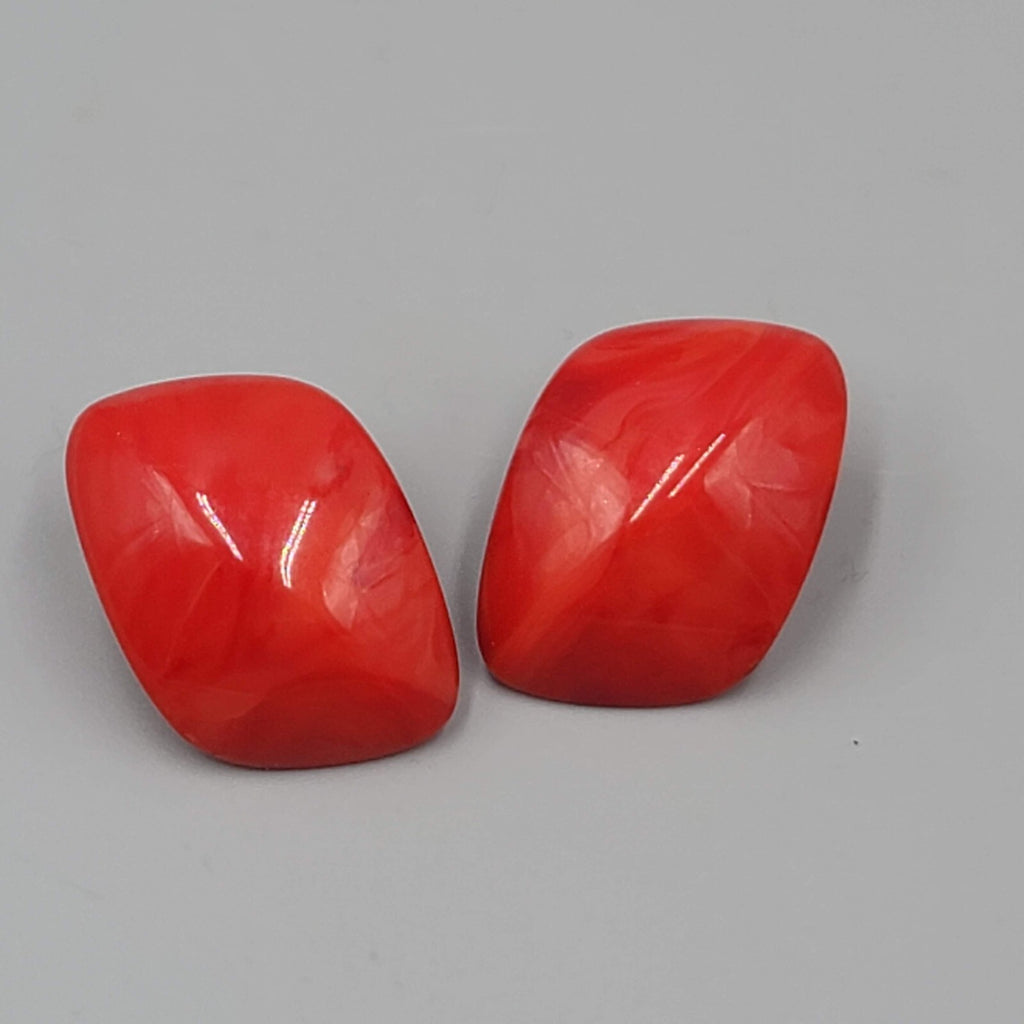 Vintage Red Acrylic Pierced Earrings Statement Geometric Puffy Drop 1.25"