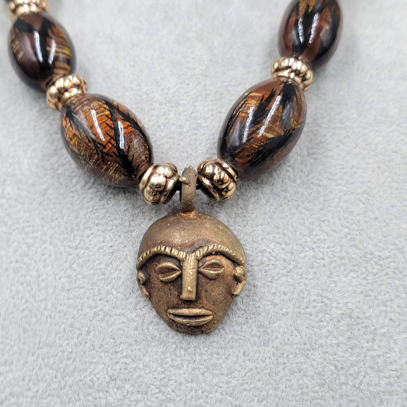 Vintage African Necklace Brass Face Mask Pendant Hand Painted Beads 22 in