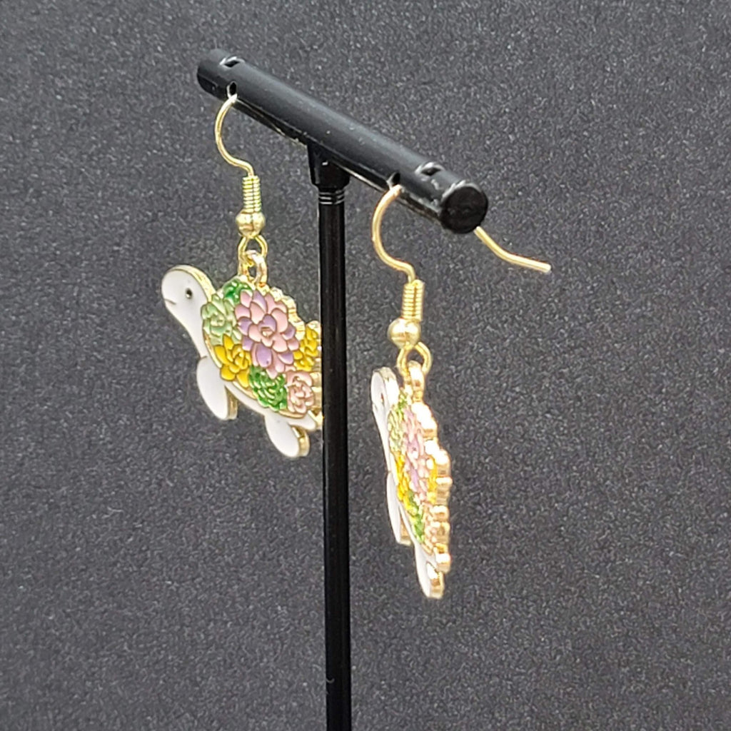 Turtle Pierced Earrings Gold tone Enamel Flowers Dangle 3/4"