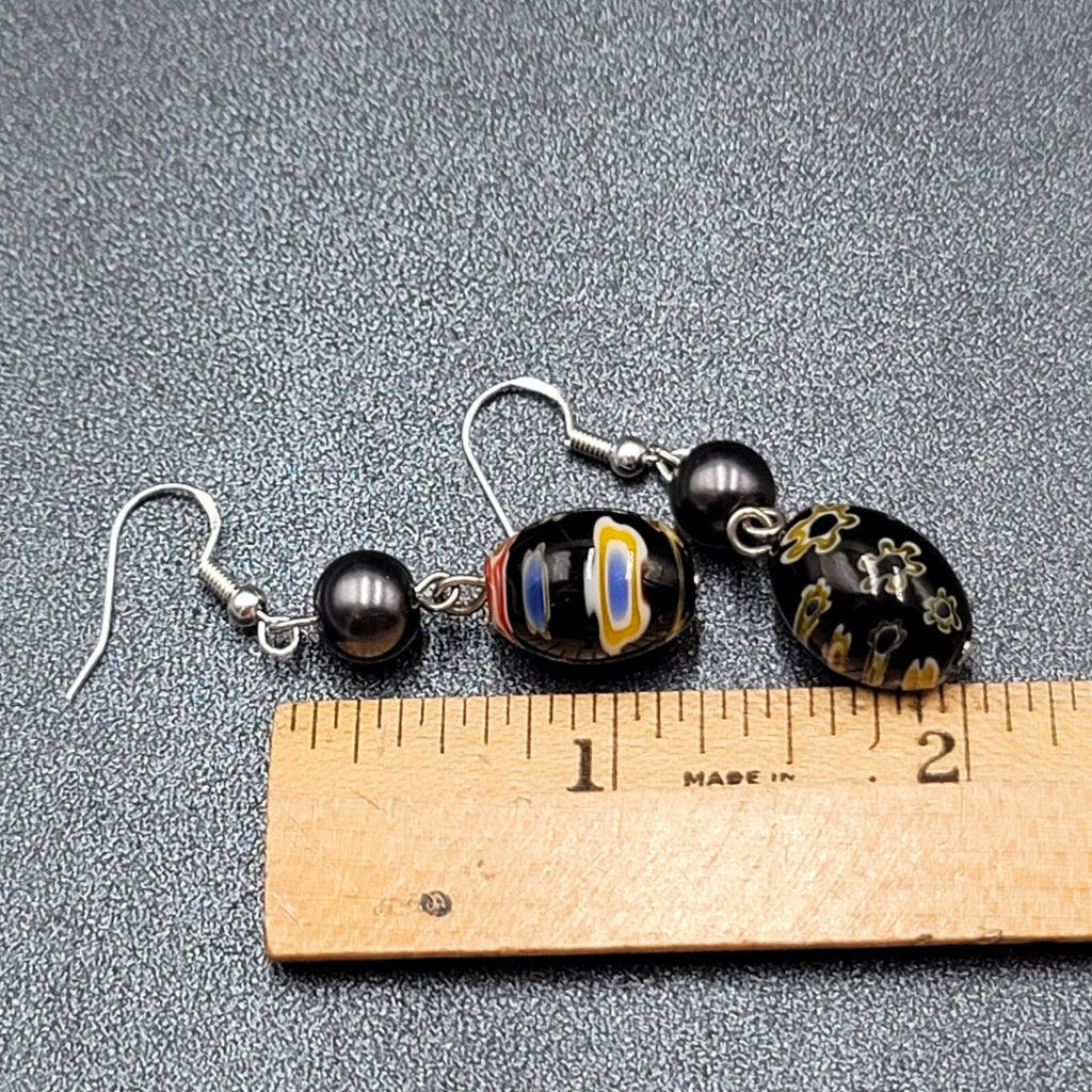 Pierced Earrings Sterling Silver Hooks Black Flower Art Glass Beads 1.25"