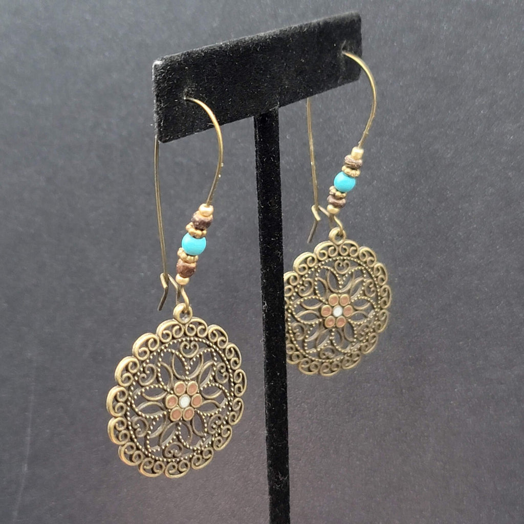 New Boho Pierced Earrings Antiqued Gold tone Blue Beas Enamel Mandala 2.75"