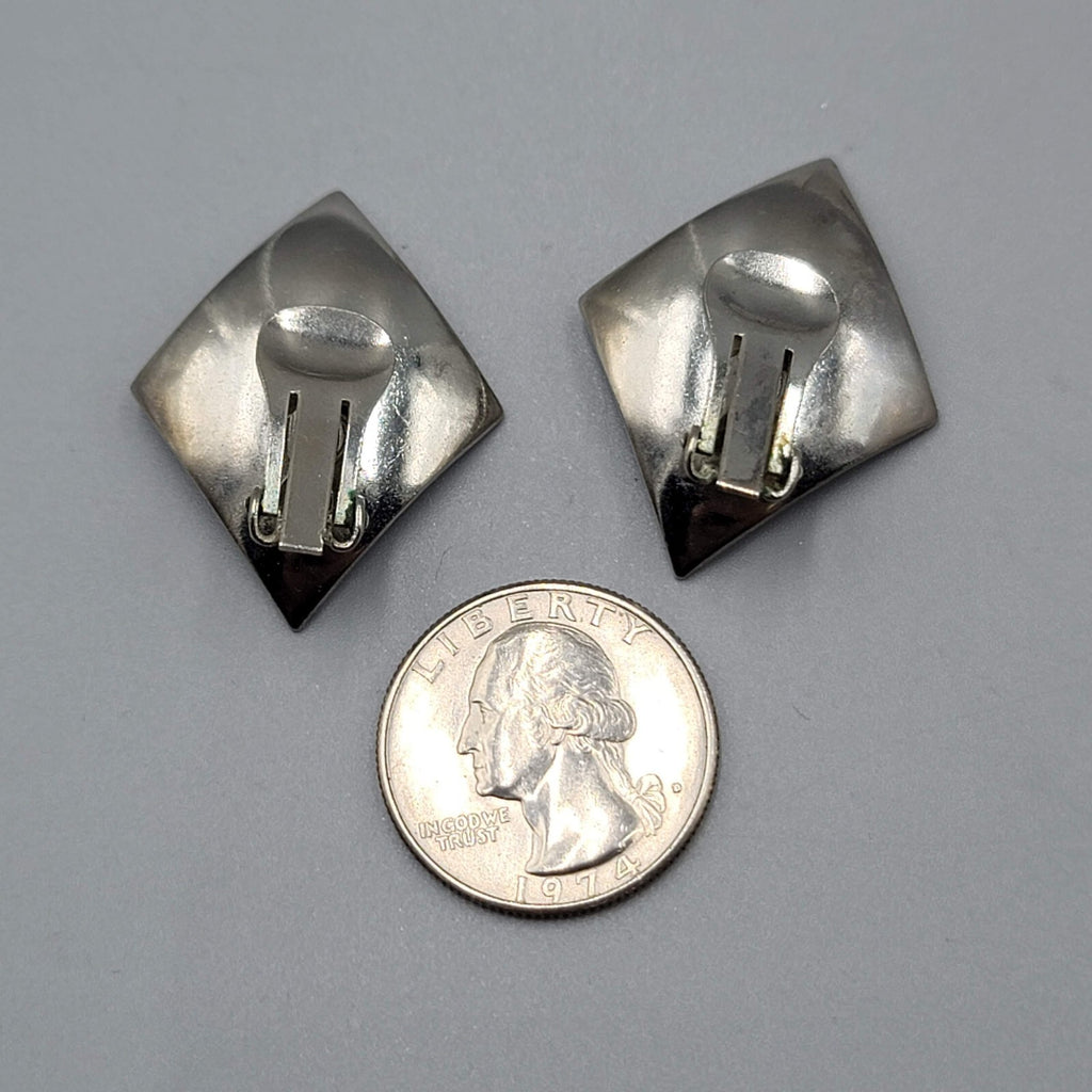 Vintage Clip on Earrings Diamond Curve Shape Silver tone Statement 1.25"