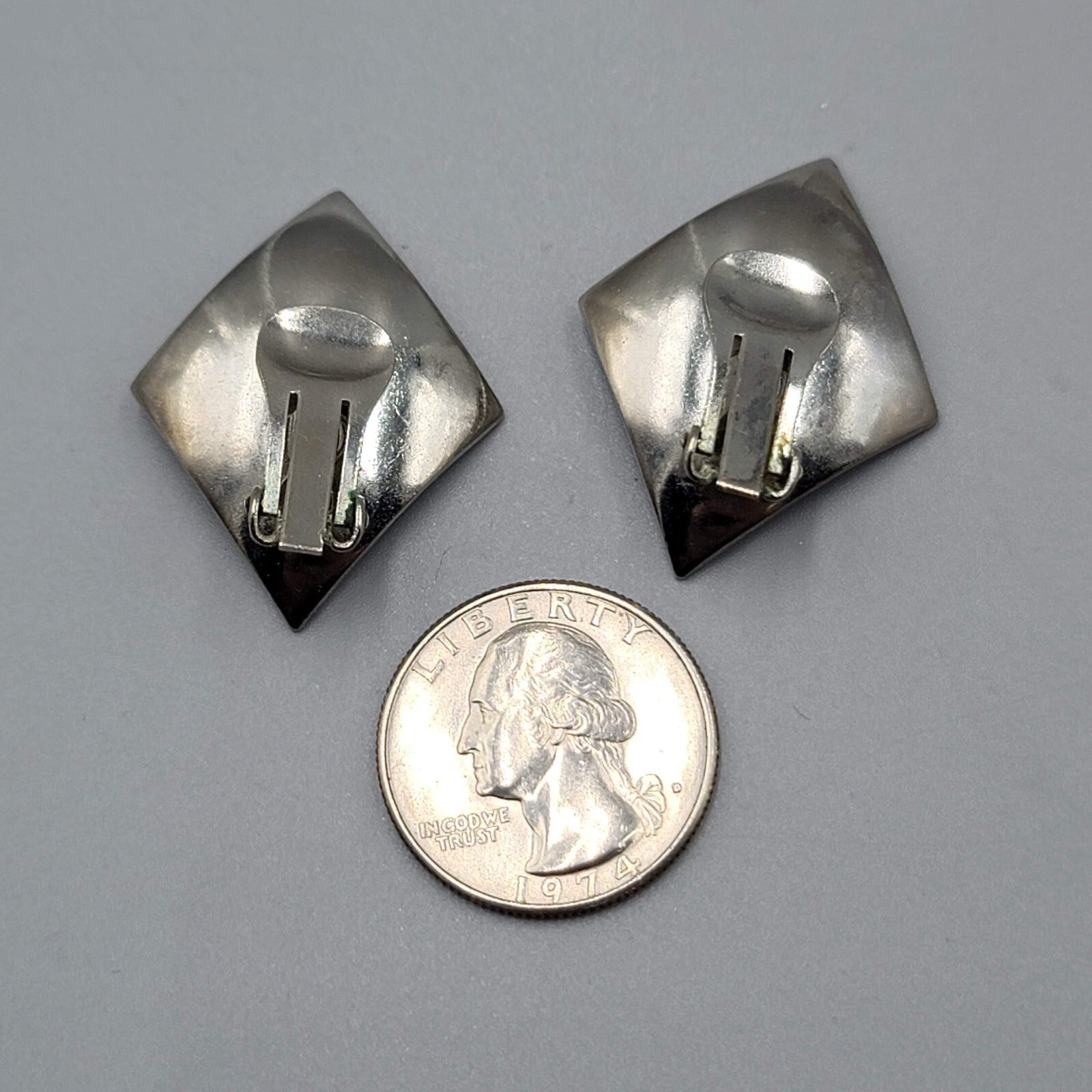 Vintage Clip on Earrings Diamond Curve Shape Silver tone Statement 1.25"