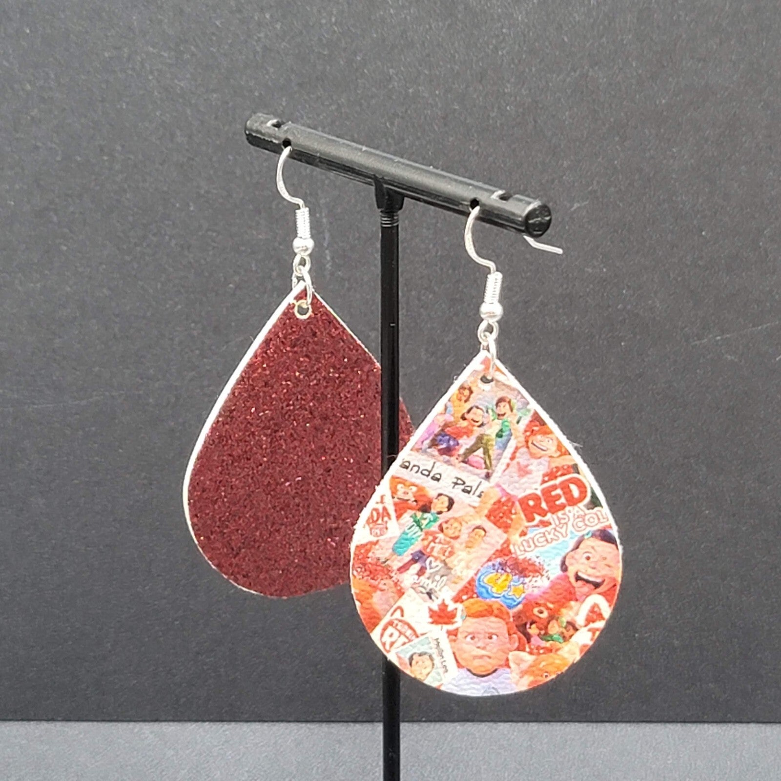Pierced Earrings Pixar Turning Red Glitter Teardrop 2"
