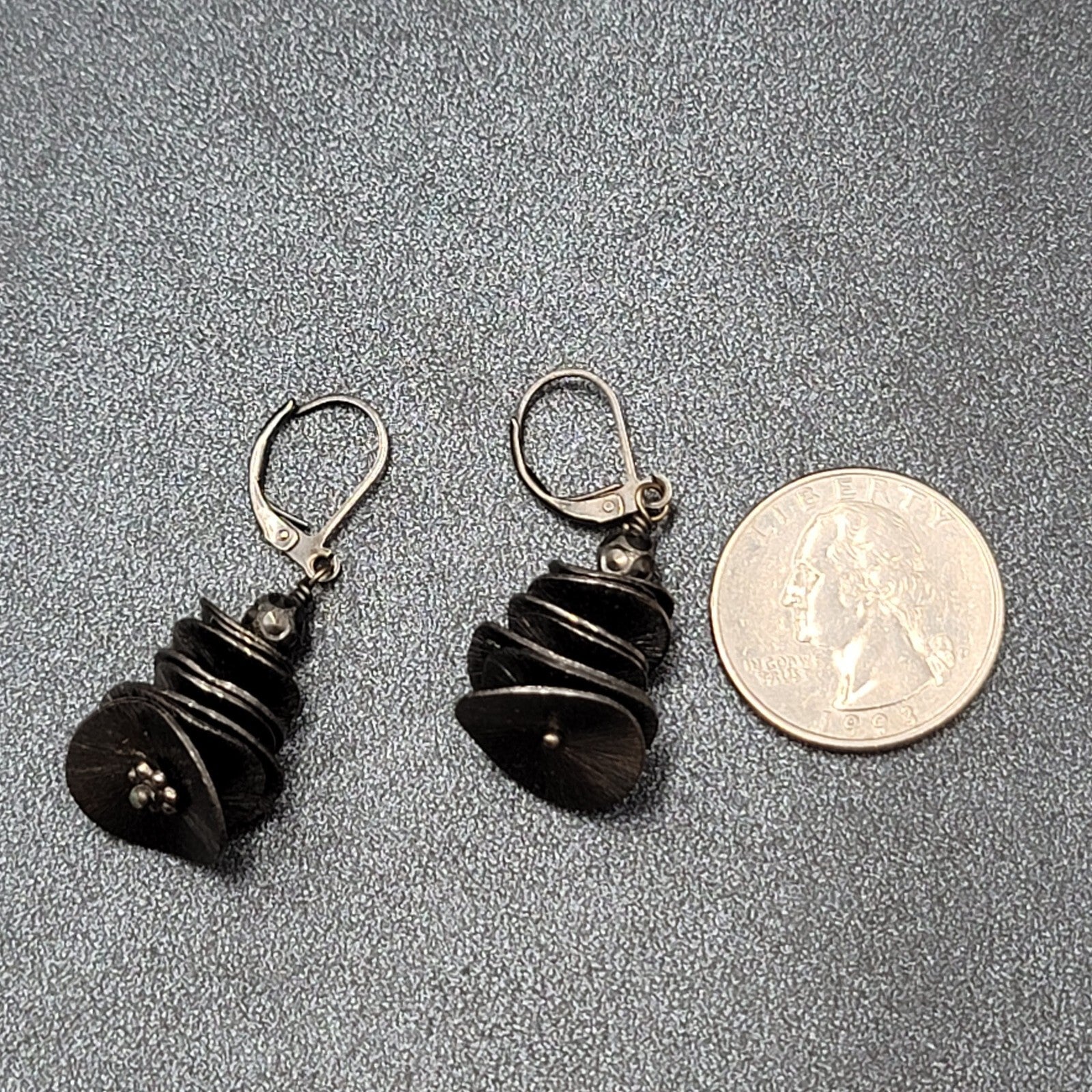 Pierced Earrings Black Metal Layered Wavy Discs Dangle 1 1/8"
