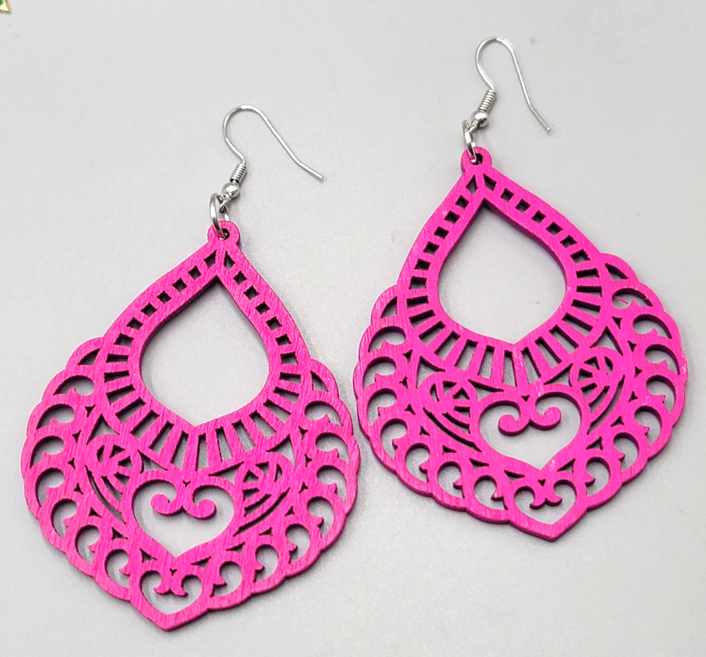 Bright Pink Wood Boho Pierced Earrings Large Statement Silver tone Dangle 3"
