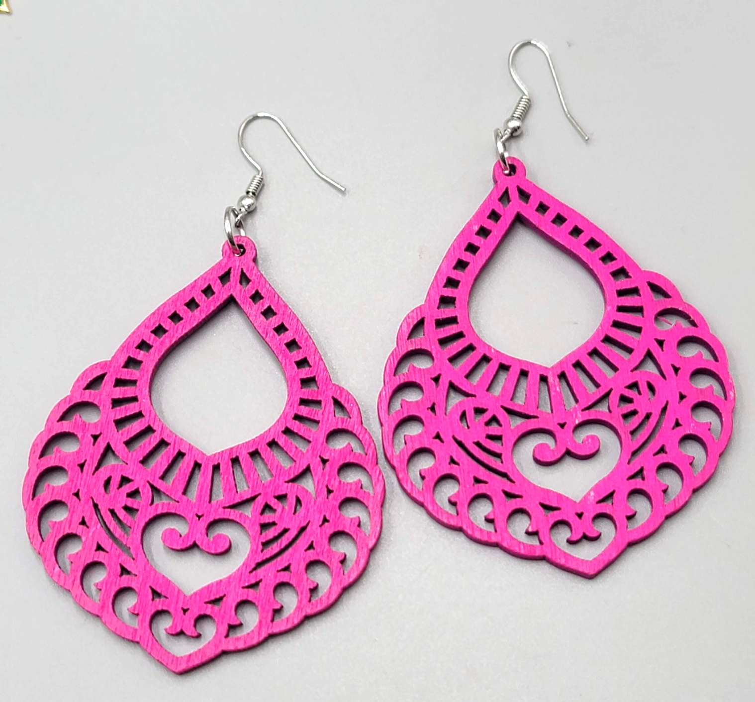 Bright Pink Wood Boho Pierced Earrings Large Statement Silver tone Dangle 3"