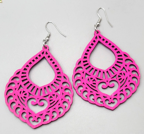 Bright Pink Wood Boho Pierced Earrings Large Statement Silver tone Dangle 3"