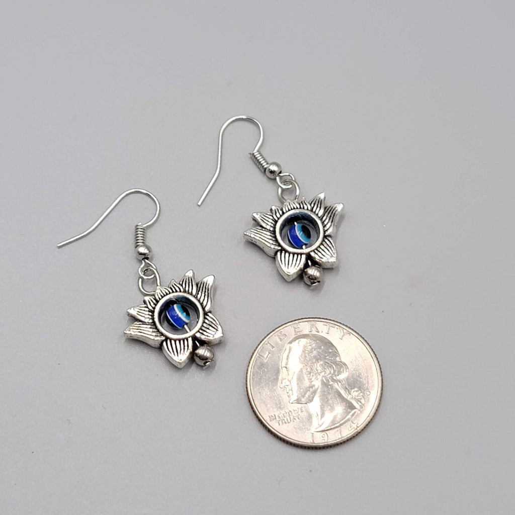 Lotus Flower Evil Eye Pierced Earrings Silver tone Blue Bead Dangle 3/4"