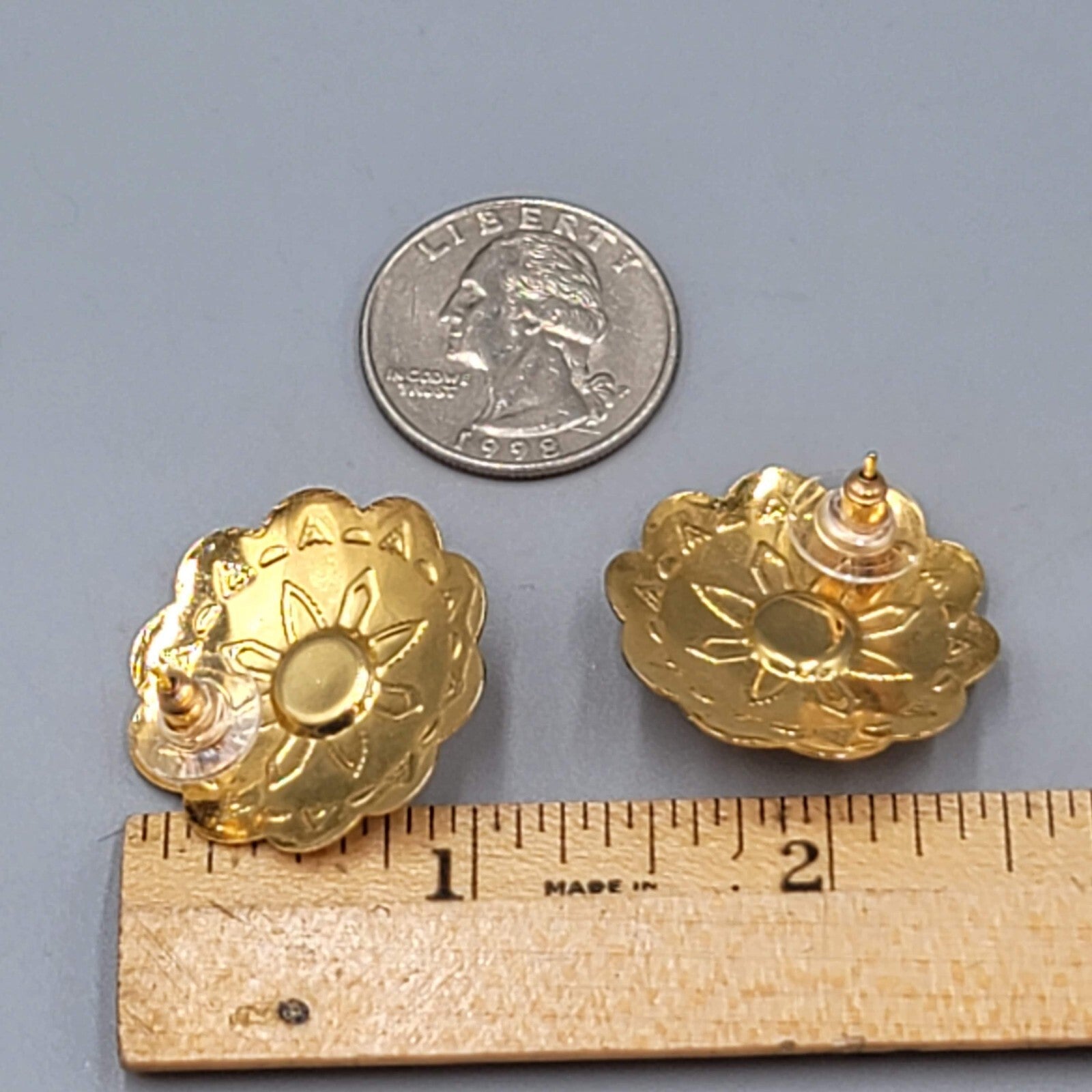 Vintage Southwest Concho Pierced Earrings Gold tone Foil Center Drop 1 1/8"