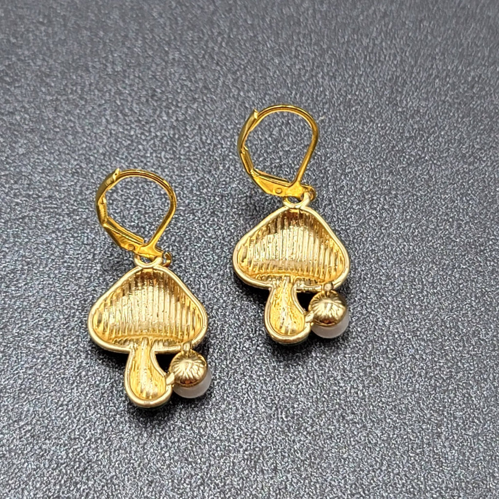 Mushroom Pierced Earrings Faux Pearl Enamel Red White Polka Dot Dangle 3/4"