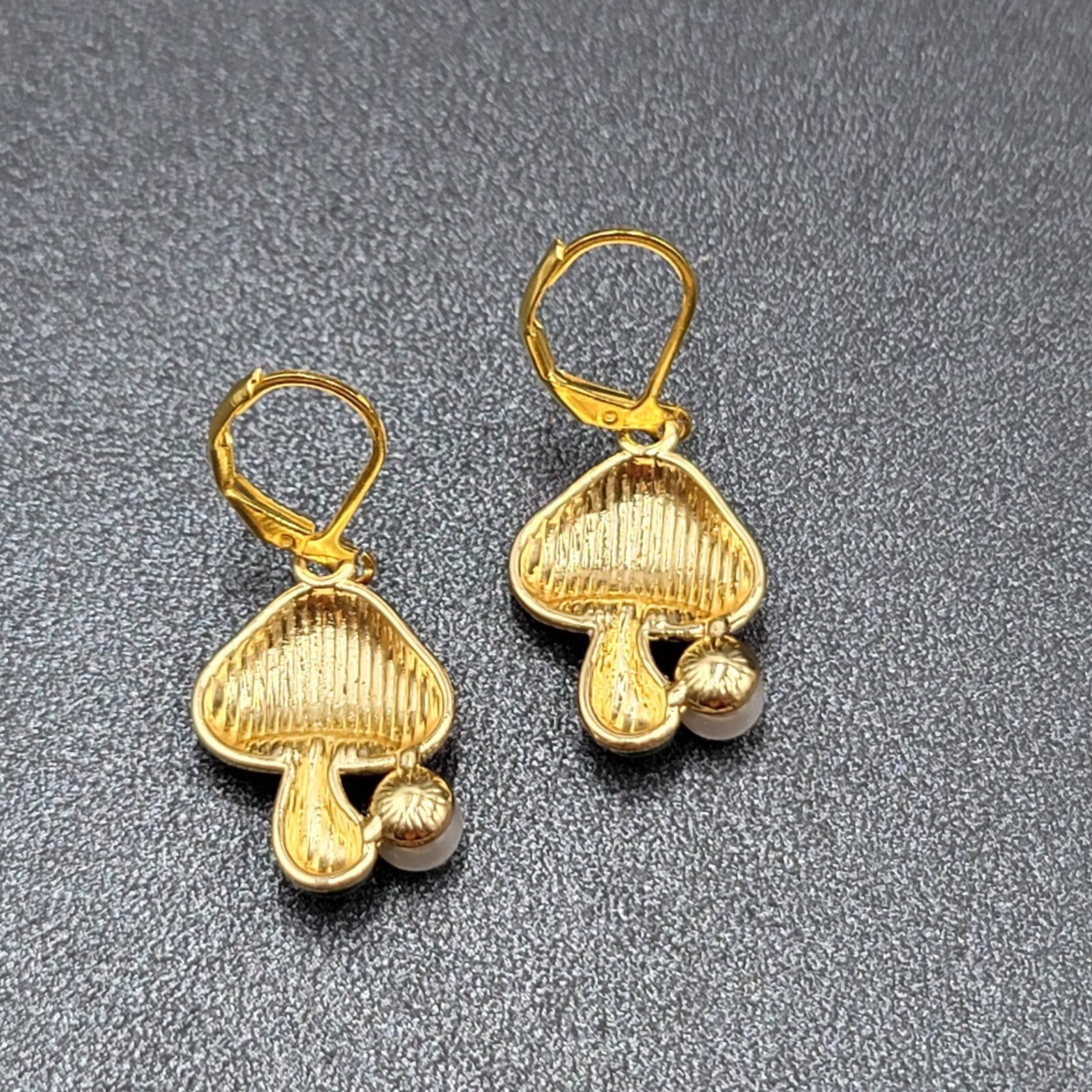 Mushroom Pierced Earrings Faux Pearl Enamel Red White Polka Dot Dangle 3/4"