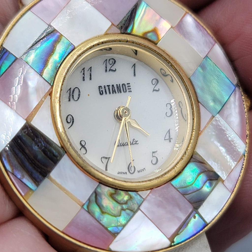 Vintage Gitano Watch Women Gold Tone MOP Mosaic Bezel NEEDS BATTERY