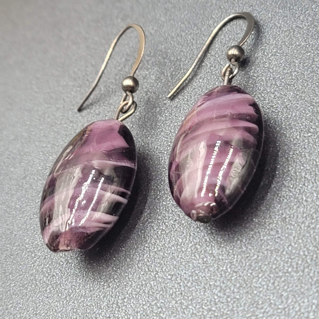 Pierced Earrings Purple Art Glass Bead Dangle 1"