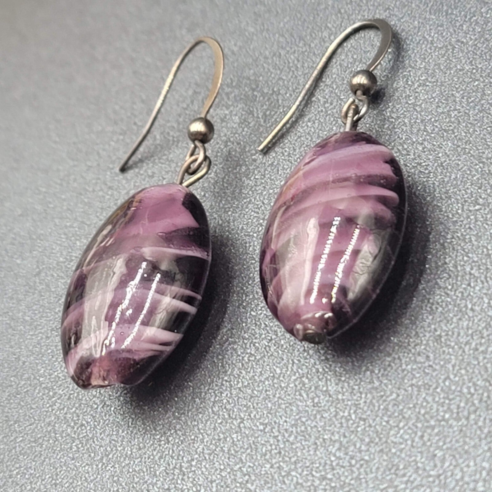 Pierced Earrings Purple Art Glass Bead Dangle 1"