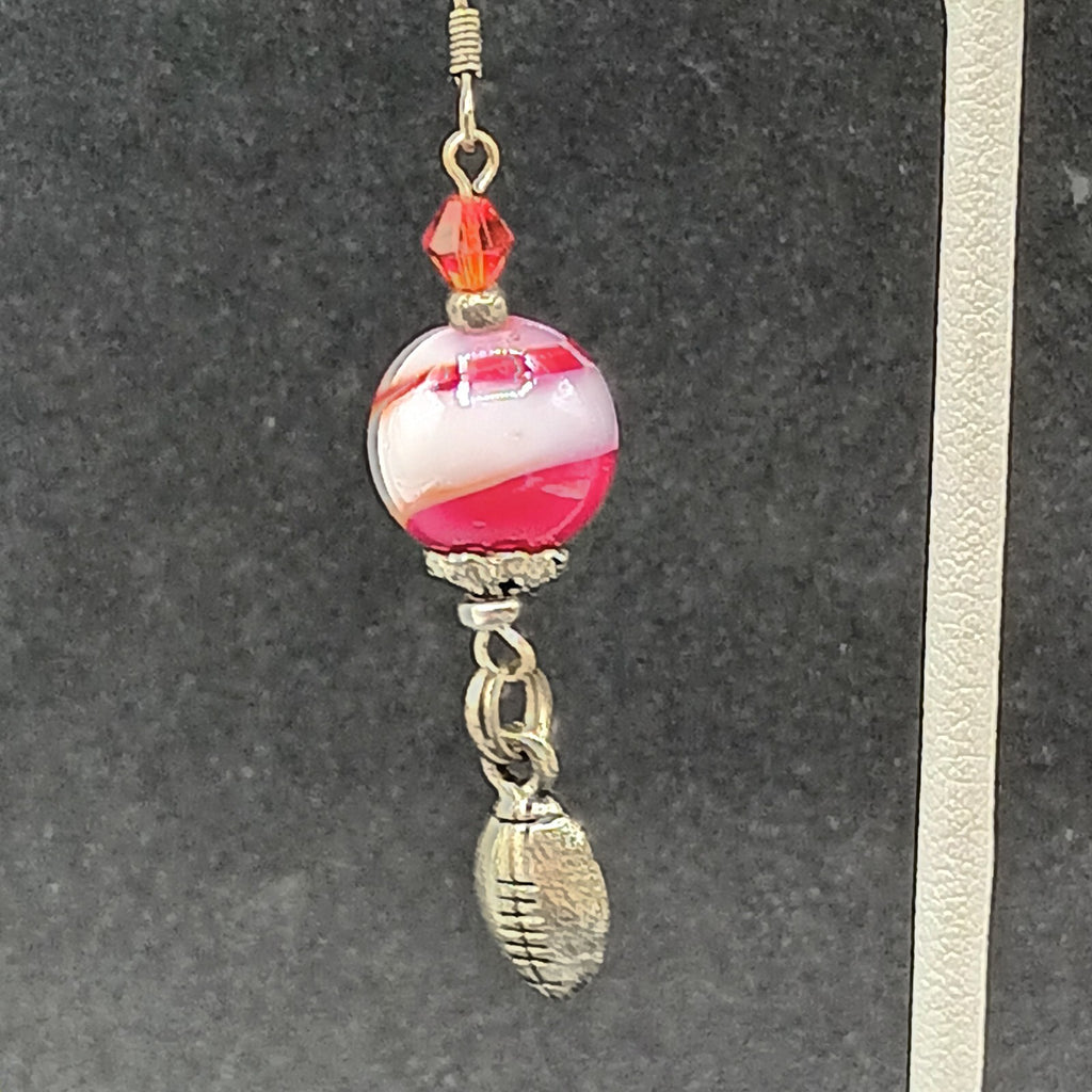 Pierced Earrings Red White Swirl Art Glass Silver tone Football Dangle Charm