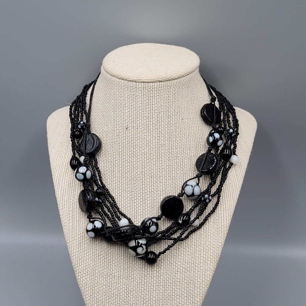 Black White Glass Seed Bead Necklace 5 Multi Strand 16"-18" Lot of 2 For Layerin