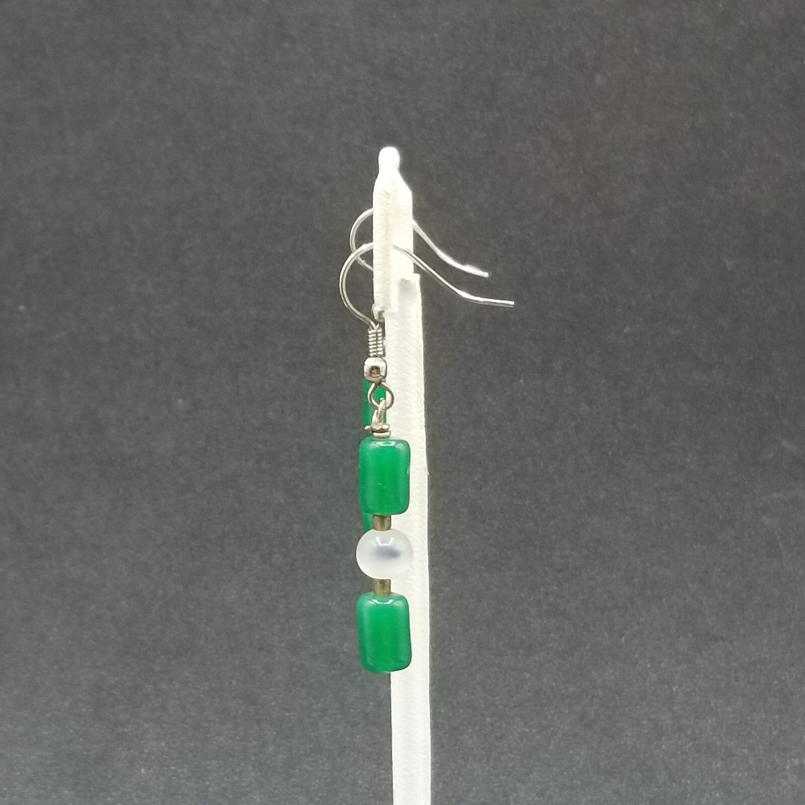 Pierced Earrings Silver tone Green Stone White Cats Eye Beaded Dangle 1"