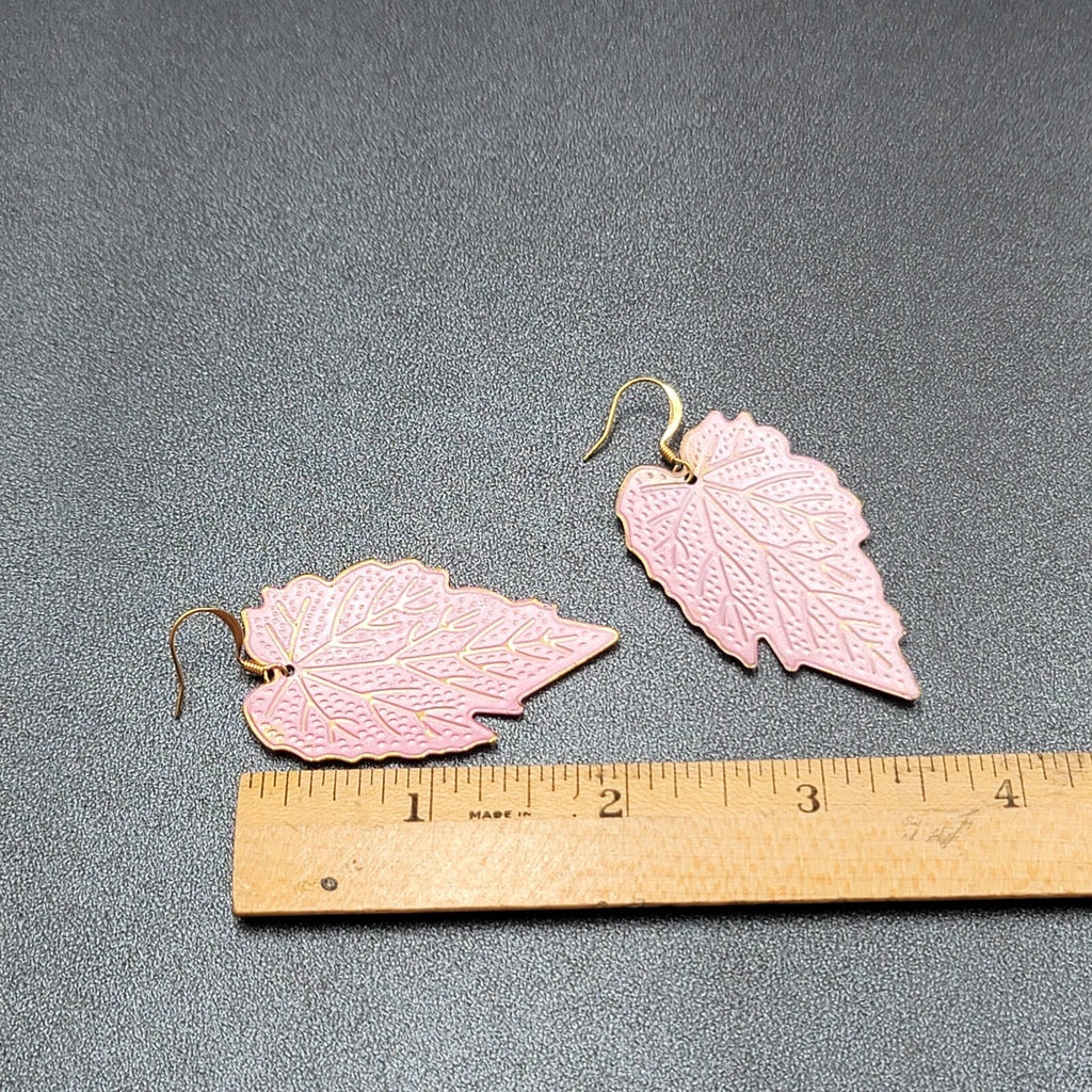 Pierced Earrings Gold tone Pink Enamel Large Statement Dangle Leaves Lightweight