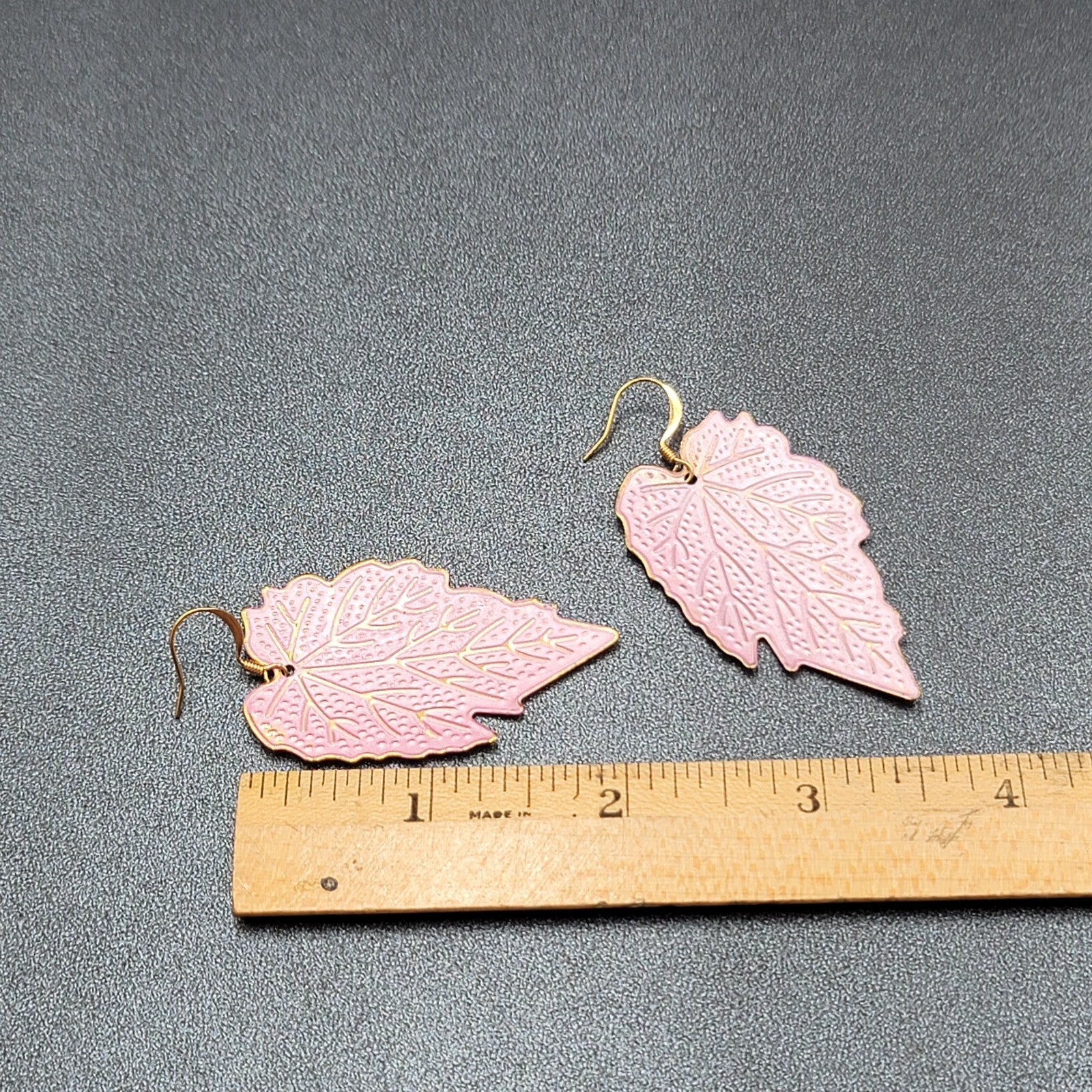 Pierced Earrings Gold tone Pink Enamel Large Statement Dangle Leaves Lightweight
