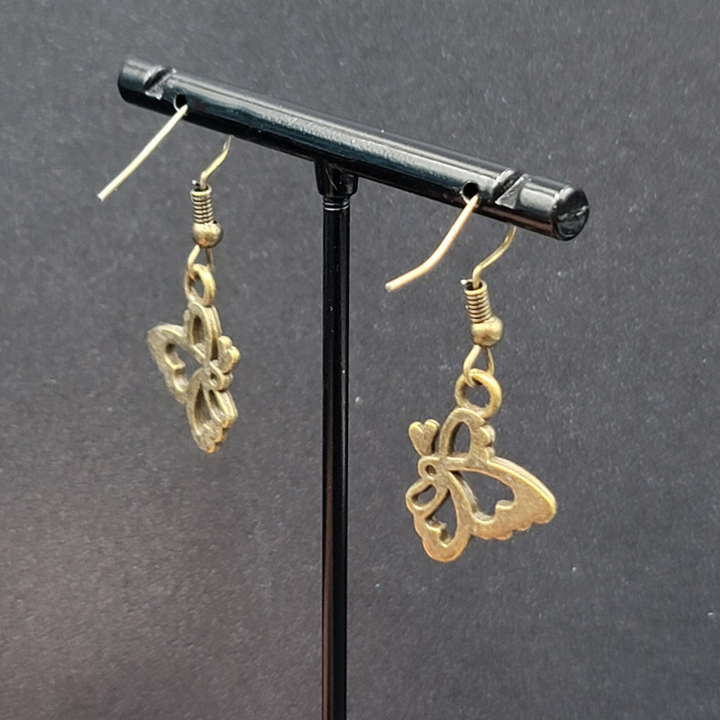 New Butterfly Pierced Earrings Bronze tone Side View Dangle 3/4"