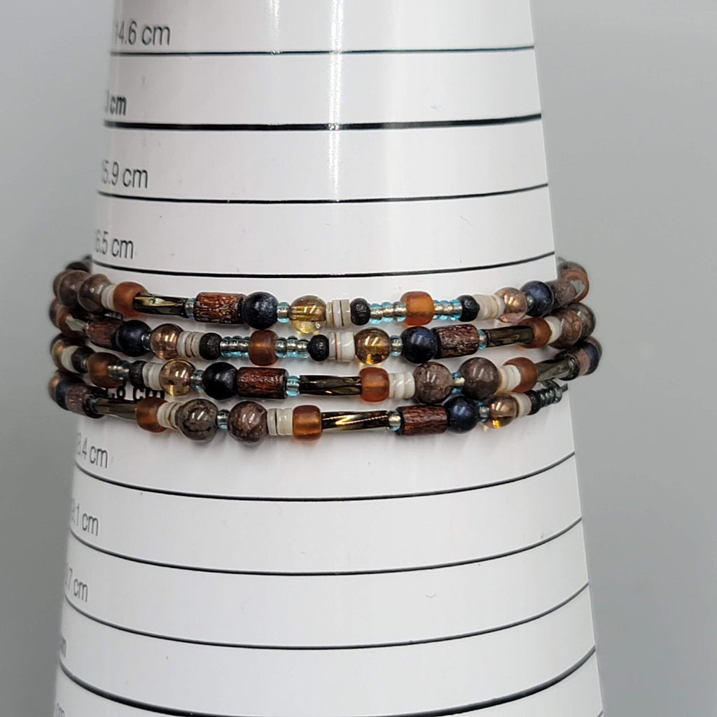 Glass Bead Shell Bracelet Brown Black Memory Wire