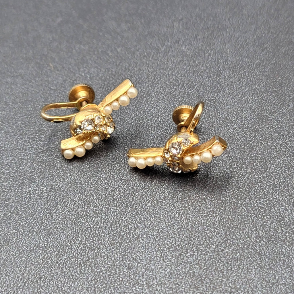Vintage Clip on Earrings Gold tone Rhinestone Drop 7/8"